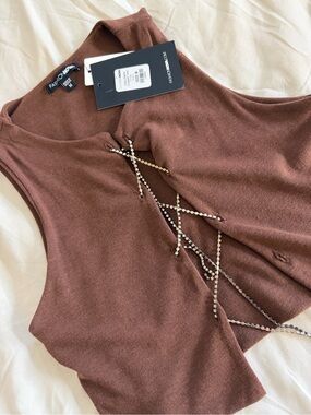 Fashion Nova Brown Sleeveless Knit Top with Rhinestone Lace-Up Detail